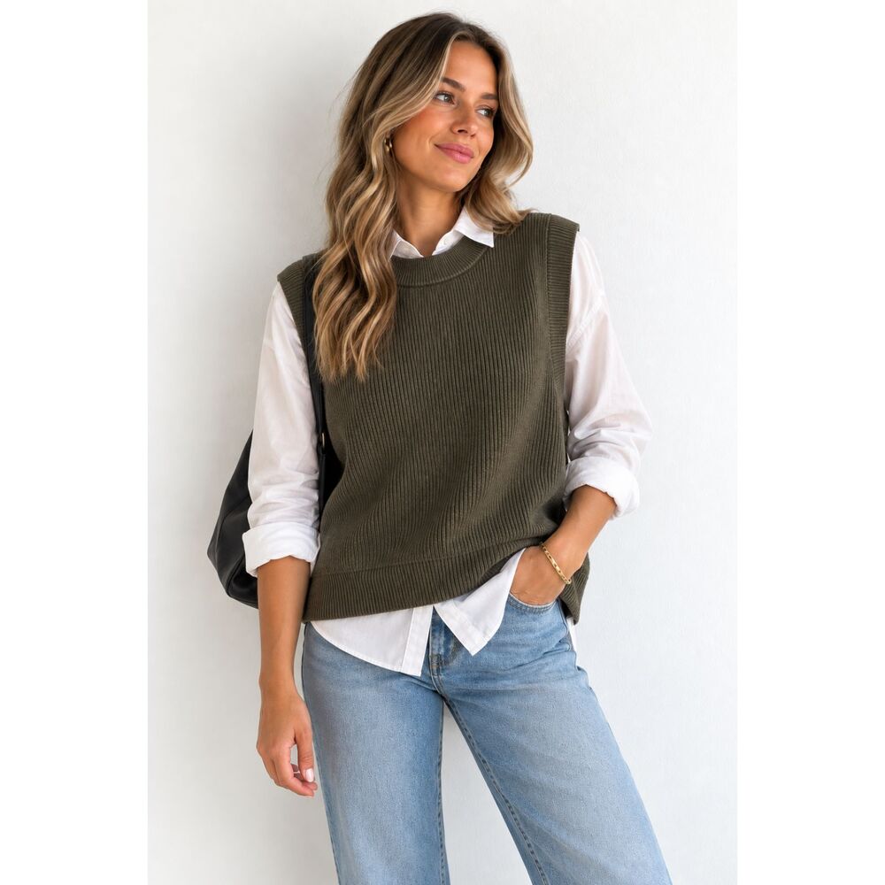 A New Day Olive Green Ribbed Sweater Vest Women’s XL Sleeveless Knit Top
